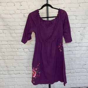 Johnny Was Floral Embroidered Purple Smocked Dress Size M; DEFECTS